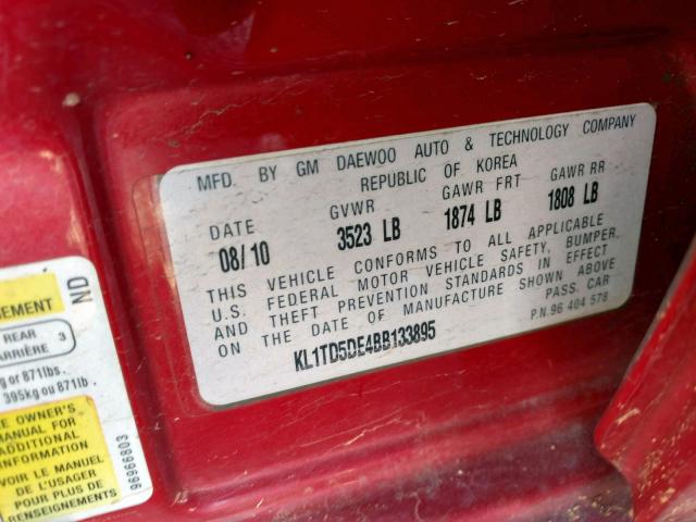 KL1TD5DE4BB133895 - 2011 CHEVROLET AVEO LS RED photo 10