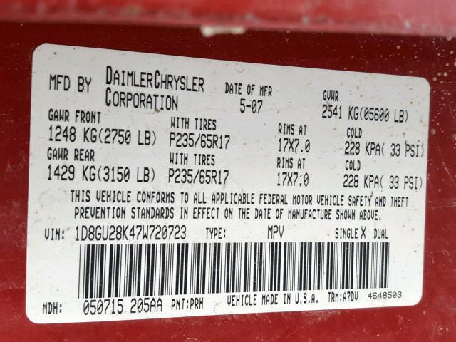 1D8GU28K47W720723 - 2007 DODGE NITRO SXT 栗色 照片 10