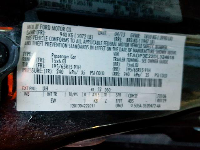 1FADP3E22DL324618 - 2013 FORD FOCUS S BLACK photo 10