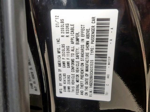 1HGCS2B80CA003535 - 2012 HONDA ACCORD EXL 黑色 照片 10