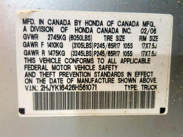 2HJYK16426H561071 - 2006 HONDA RIDGELINE SILVER photo 10