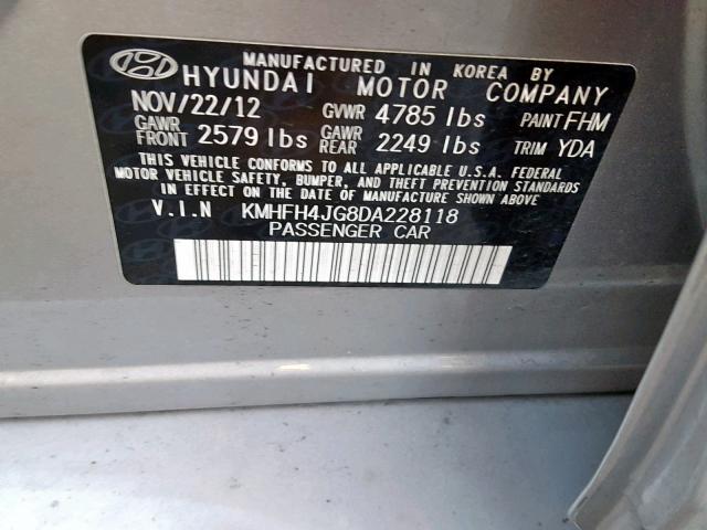 KMHFH4JG8DA228118 - 2013 HYUNDAI AZERA GLS SILVER photo 10