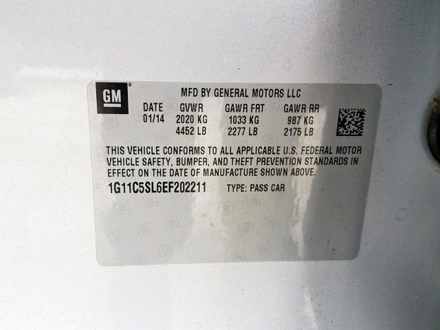 1G11C5SL6EF202211 - 2014 CHEVROLET MALIBU 1LT 银色 照片 10