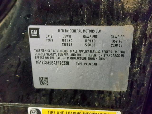 1G1ZC5E05AF178238 - 2010 CHEVROLET MALIBU 1LT 黑色 照片 10