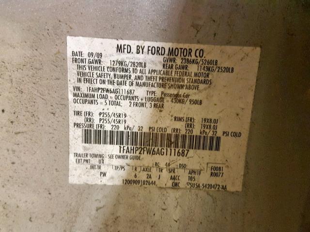 1FAHP2FW6AG111687 - 2010 FORD TAURUS LIM SILVER photo 10