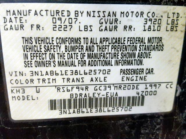 3N1AB61E38L625702 - 2008 NISSAN SENTRA 2.0 BLACK photo 10