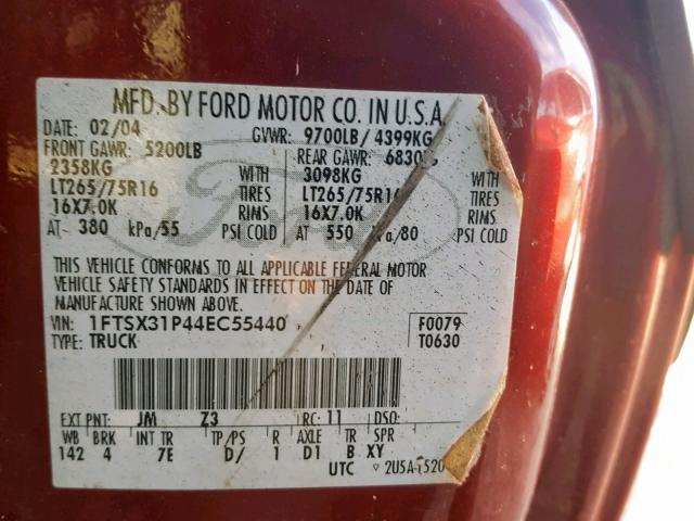 1FTSX31P44EC55440 - 2004 FORD F350 SRW S 红色 照片 10