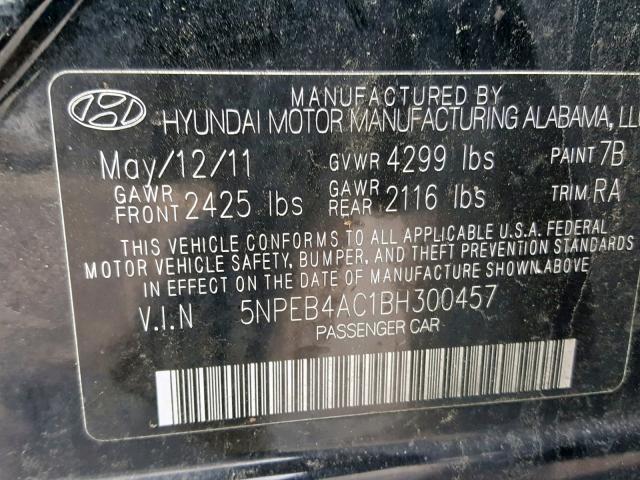 5NPEB4AC1BH300457 - 2011 HYUNDAI SONATA GLS BLACK photo 10