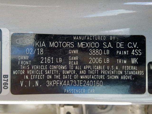 3KPFK4A73JE240160 - 2018 KIA FORTE LX SILVER photo 10
