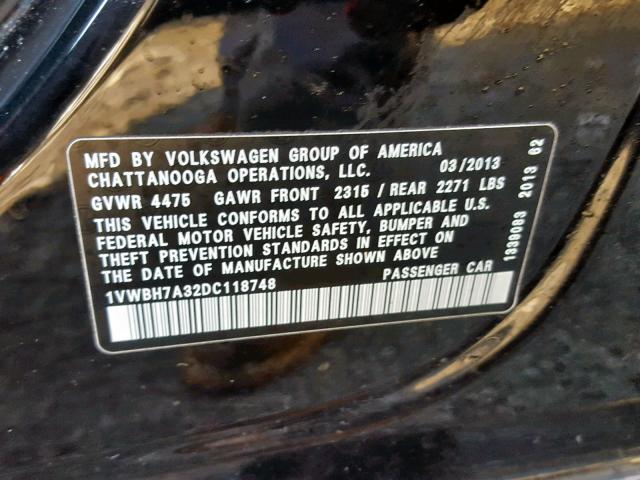 1VWBH7A32DC118748 - 2013 VOLKSWAGEN PASSAT SE BLACK photo 10