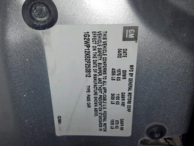 1G2WP12K62F250812 - 2002 PONTIAC GRAND PRIX SILVER photo 10