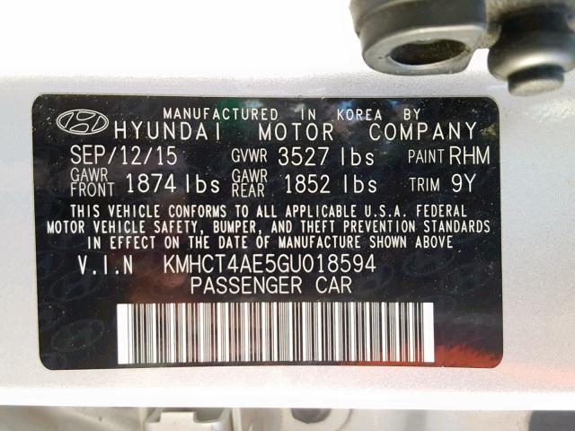 KMHCT4AE5GU018594 - 2016 HYUNDAI ACCENT SE SILVER photo 10