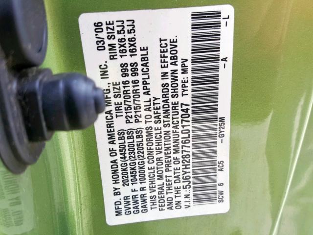 5J6YH28776L017047 - 2006 HONDA ELEMENT EX GREEN photo 10