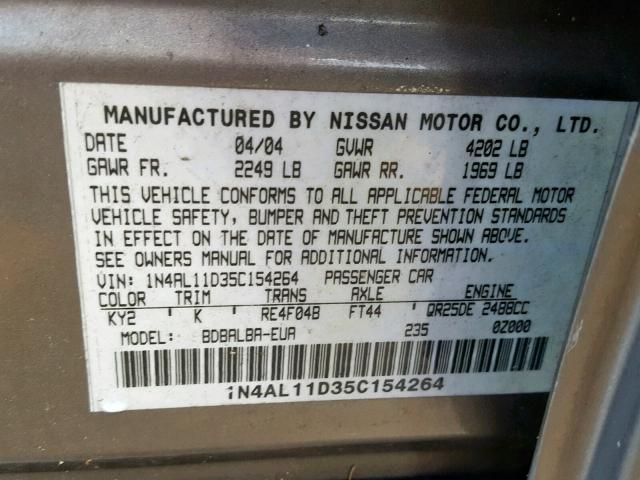 1N4AL11D35C154264 - 2005 NISSAN ALTIMA S GRAY photo 10