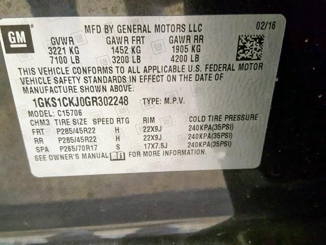 1GKS1CKJ0GR302248 - 2016 GMC YUKON DENA CHARCOAL photo 10