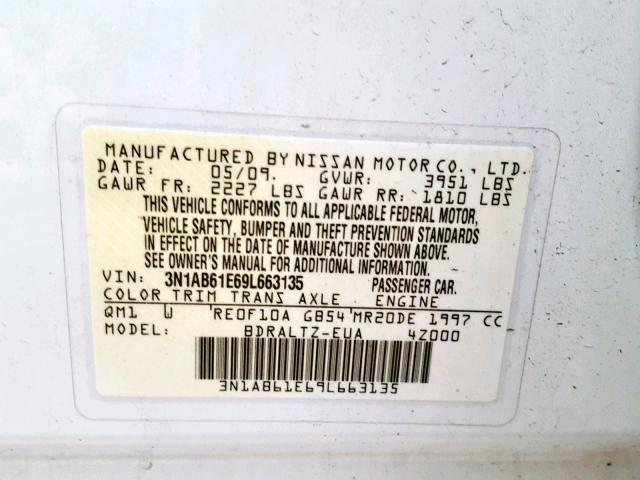 3N1AB61E69L663135 - 2009 NISSAN SENTRA 2.0 WHITE photo 10