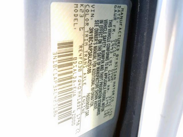 3N1BC1AP3AL425186 - 2010 NISSAN VERSA S ვერცხლისფერი ფოტო 10