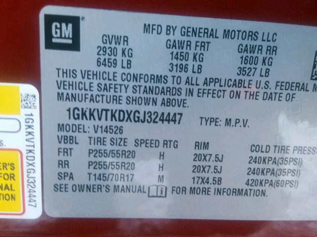 1GKKVTKDXGJ324447 - 2016 GMC ACADIA DEN RED photo 10