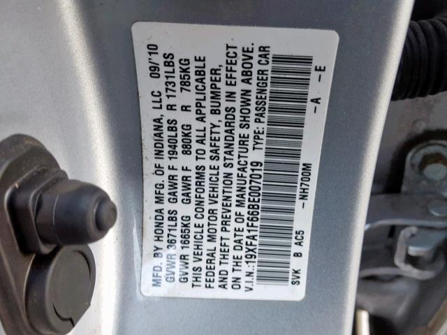 19XFA1F66BE007019 - 2011 HONDA CIVIC LX-S SILVER photo 10