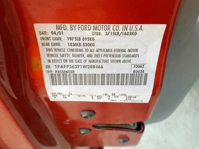 1FAFP36371W288466 - 2001 FORD FOCUS SE 红色 照片 10