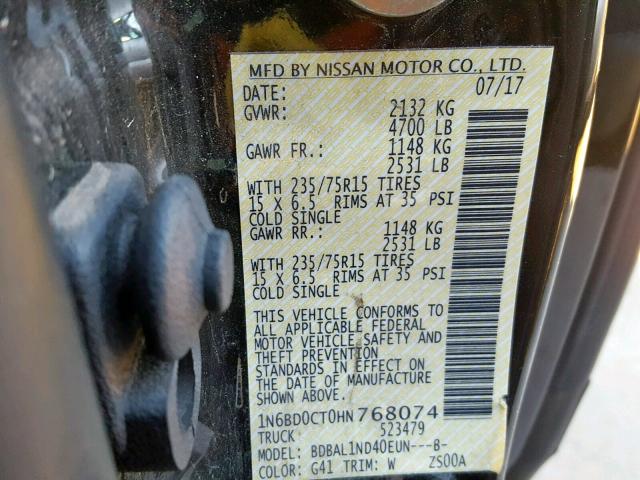 1N6BD0CT0HN768074 - 2017 NISSAN FRONTIER S BLACK photo 10