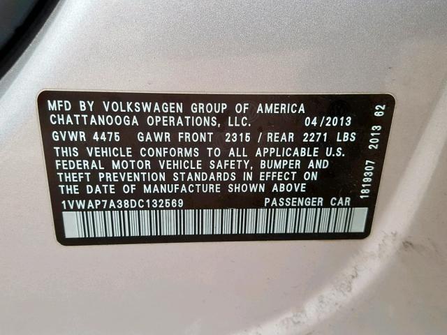 1VWAP7A38DC132569 - 2013 VOLKSWAGEN PASSAT S SILVER photo 10