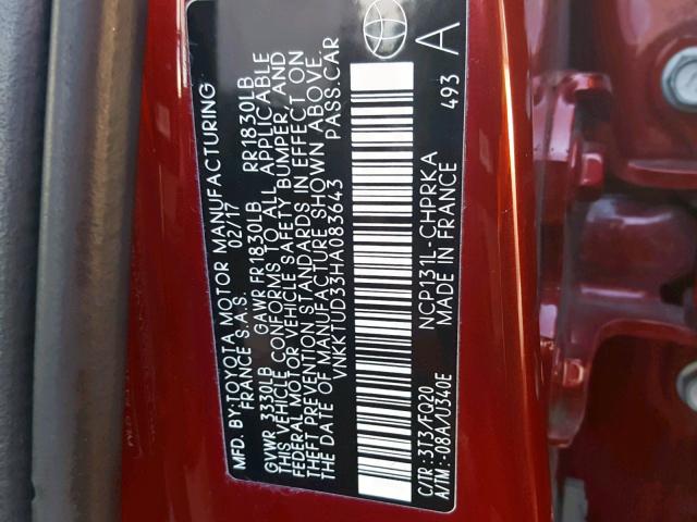 VNKKTUD33HA083643 - 2017 TOYOTA YARIS L RED photo 10