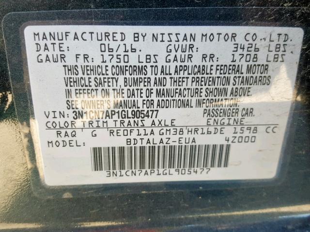 3N1CN7AP1GL905477 - 2016 NISSAN VERSA S Graphit Foto 10