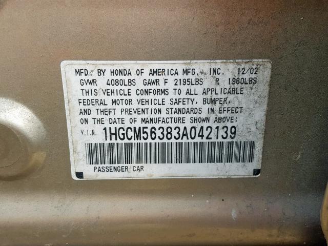 1HGCM56383A042139 - 2003 HONDA ACCORD LX 棕色 照片 10