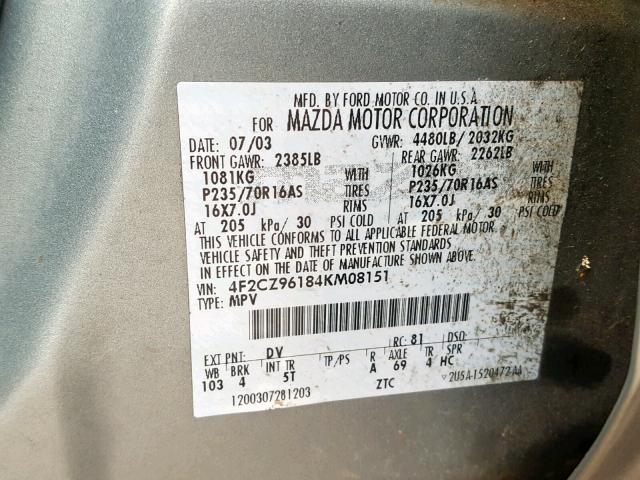 4F2CZ96184KM08151 - 2004 MAZDA TRIBUTE ES 绿色 照片 10