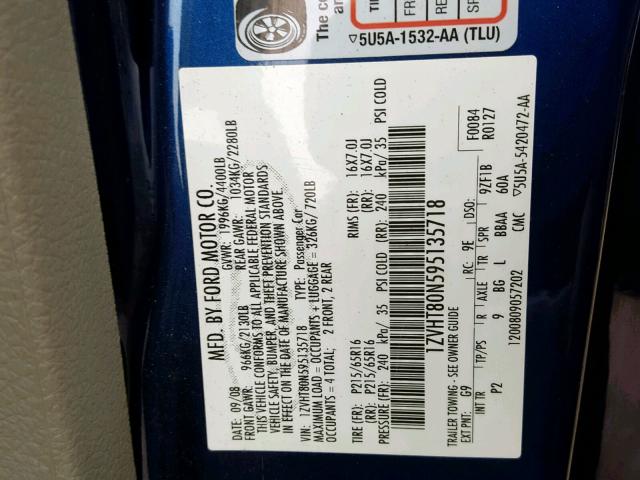 1ZVHT80N595135718 - 2009 FORD MUSTANG BLUE photo 10