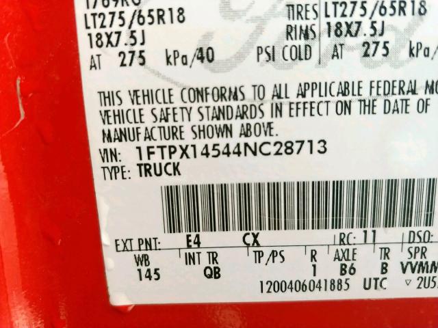 1FTPX14544NC28713 - 2004 FORD F150 RED photo 9