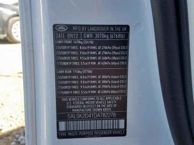SALSK2D41DA782278 - 2013 LAND ROVER RANGE ROVE WHITE photo 10