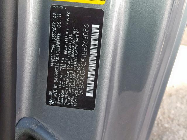 WBAKG7C51BE263086 - 2011 BMW 335 I Графитовый фото 10