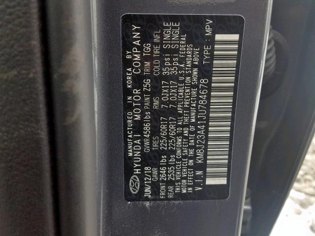 KM8J23A41JU784678 - 2018 HYUNDAI TUCSON SE 灰色 照片 10