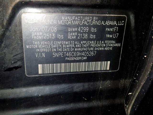 5NPET46C69H405267 - 2009 HYUNDAI SONATA GLS BLACK photo 10