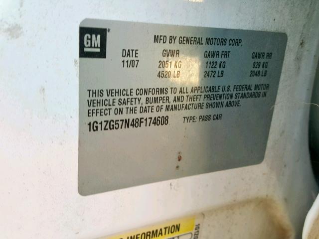 1G1ZG57N48F174608 - 2008 CHEVROLET MALIBU LS Ақ фото 10