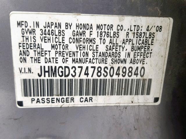 JHMGD37478S049840 - 2008 HONDA FIT GRAY photo 10