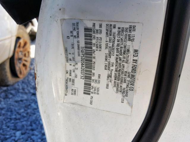 1FAFP53U56A203752 - 2006 FORD TAURUS SE WHITE photo 10