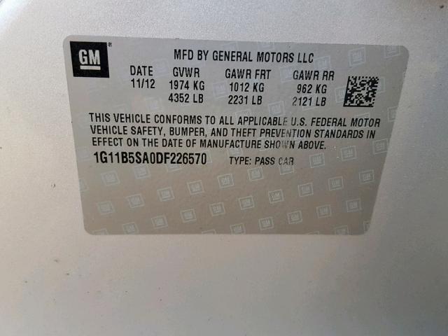 1G11B5SA0DF226570 - 2013 CHEVROLET MALIBU LS 银色 照片 10