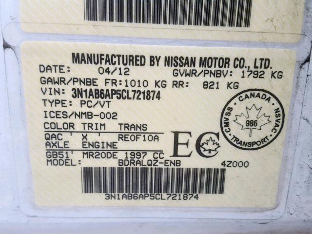 3N1AB6AP5CL721874 - 2012 NISSAN SENTRA 2.0 WHITE photo 10