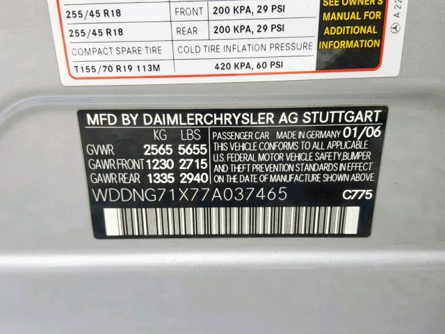 WDDNG71X77A037465 - 2007 MERCEDES-BENZ S 550 SILVER photo 10