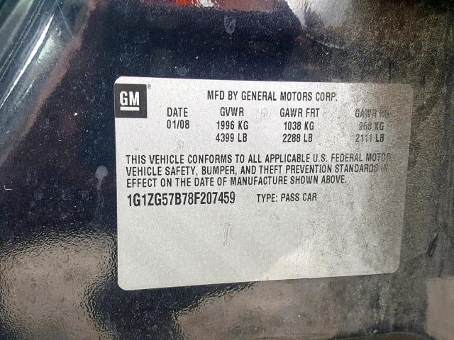 1G1ZG57B78F207459 - 2008 CHEVROLET MALIBU LS შავი ფოტო 10