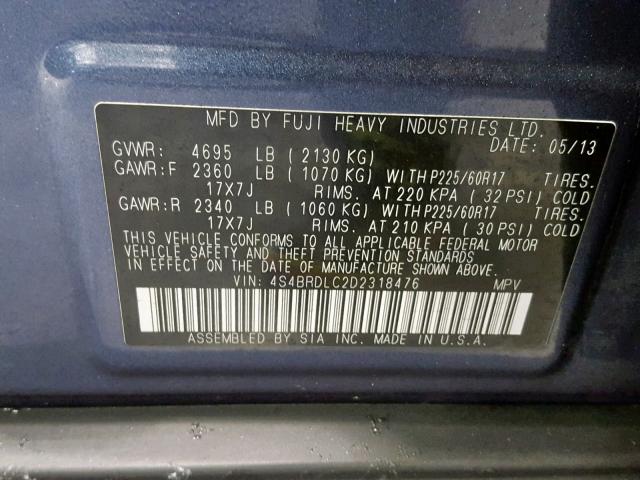 4S4BRDLC2D2318476 - 2013 SUBARU OUTBACK 3. BLUE photo 10