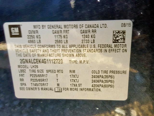 2GNALCEK4G1112720 - 2016 CHEVROLET EQUINOX LT BLUE photo 10