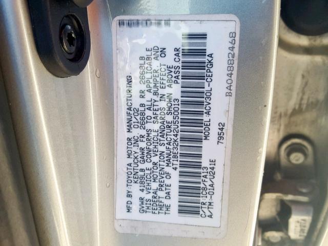 4T1BE32K42U550013 - 2002 TOYOTA CAMRY LE SILVER photo 10