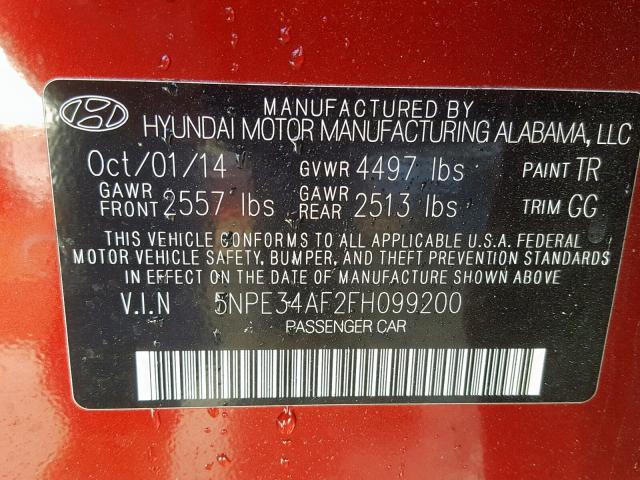 5NPE34AF2FH099200 - 2015 HYUNDAI SONATA SPO RED photo 10