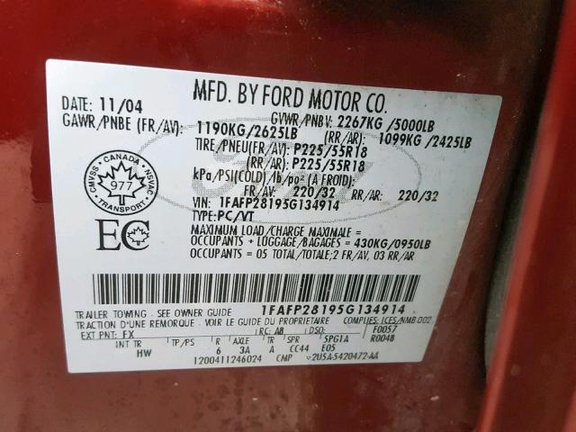 1FAFP28195G134914 - 2005 FORD FIVE HUNDR RED photo 10