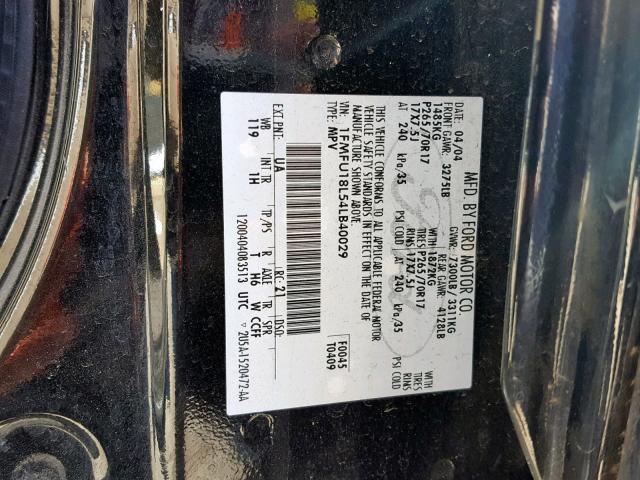 1FMFU18L54LB40029 - 2004 FORD EXPEDITION BLACK photo 10