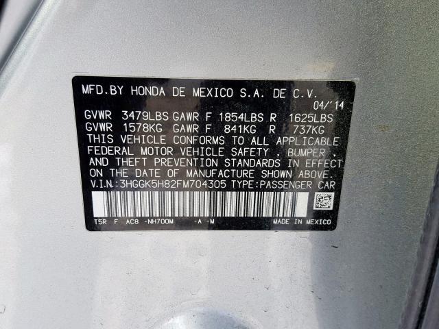 3HGGK5H82FM704305 - 2015 HONDA FIT EX SILVER photo 10